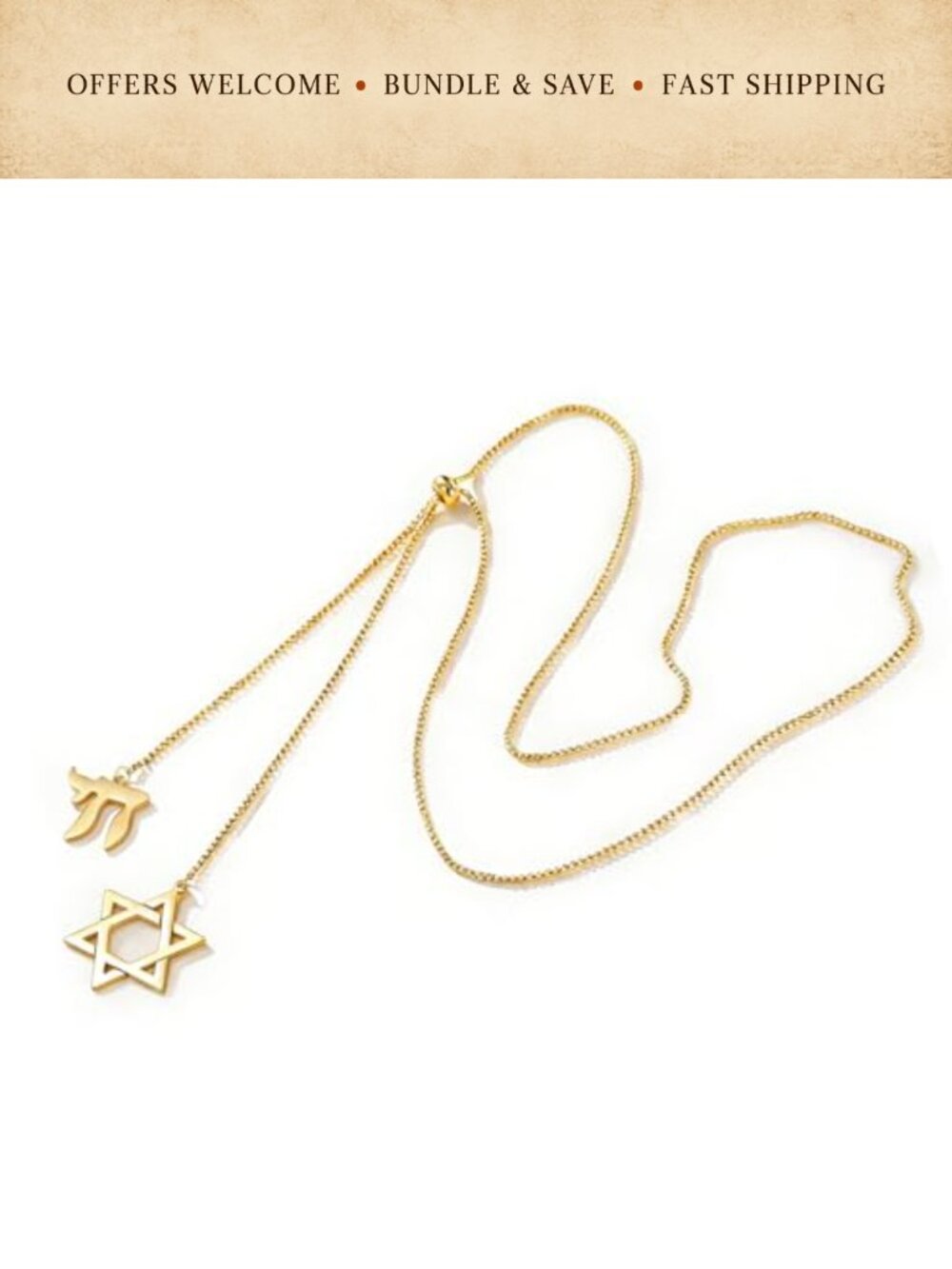 VASSAGO Adjustable Y Lariat Star of David Chai Necklace Stainless Steel